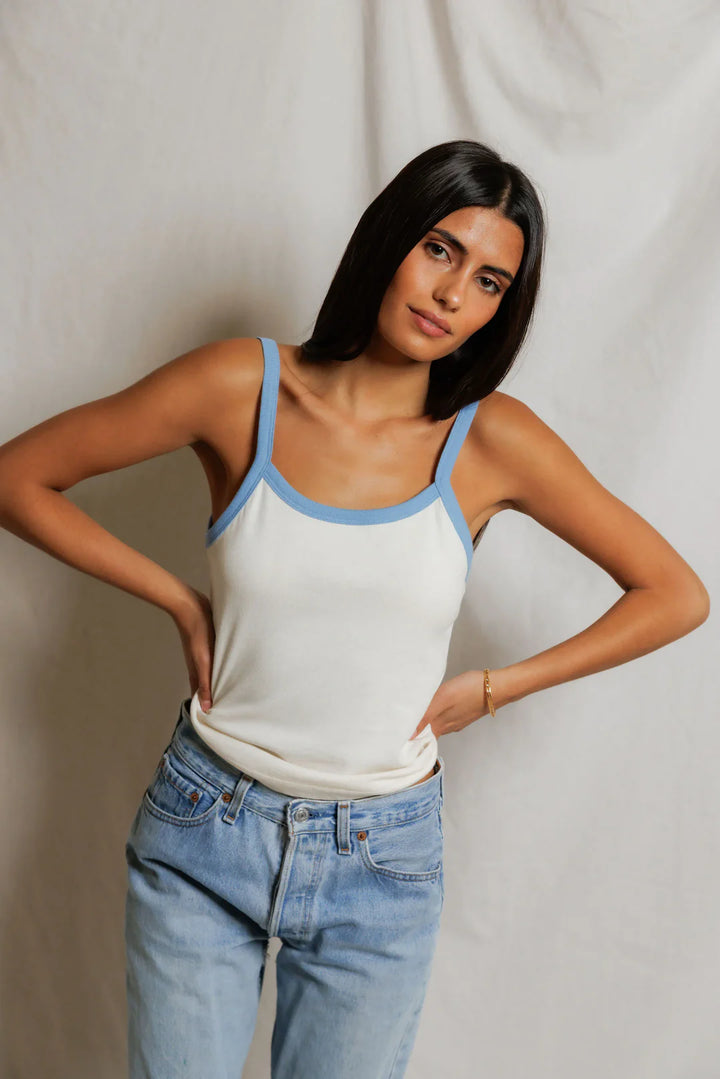 Perfect White Tee - Cherry Sporty Ringer Tank in Ivory/Pacific Blue