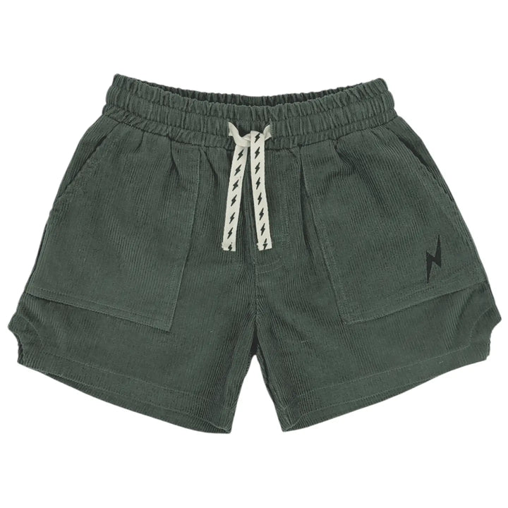 Tiny Whales – Retro Lightning Bolt Shorts in Green Corduroy