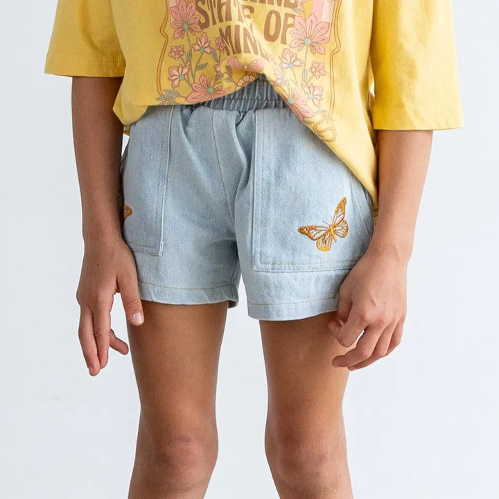 Tiny Whales – Mariposa Butterfly Shorts in Stonewash Denim