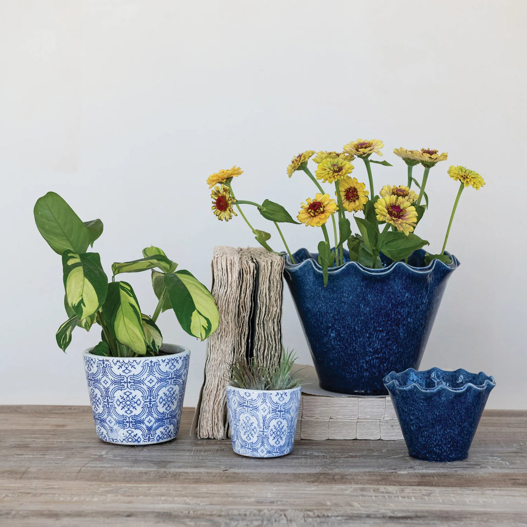 Small Painted Blue Stoneware Planter Pot with Drainage Holes