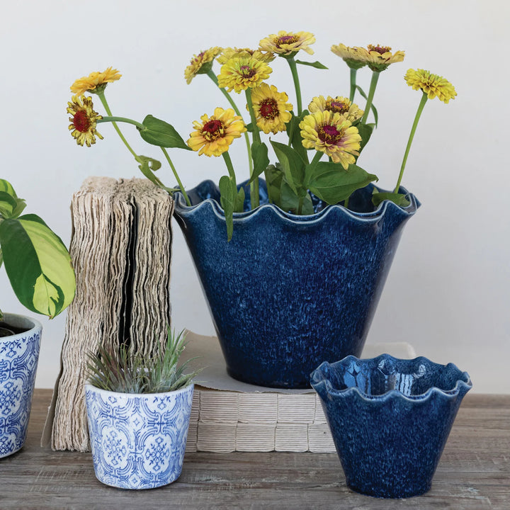 Painted Blue Stoneware Planter Pot with Drainage Holes