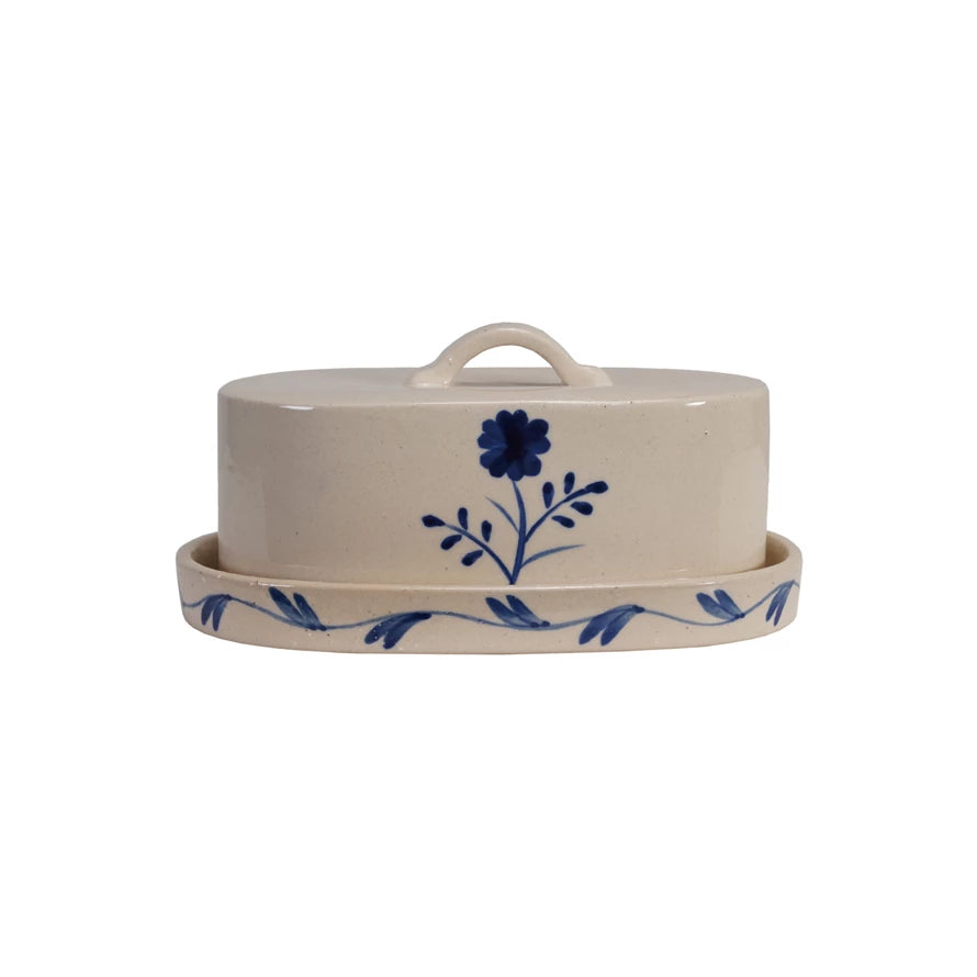 Hand-Painted Stoneware Butter Dish in Blue / Cream Floral