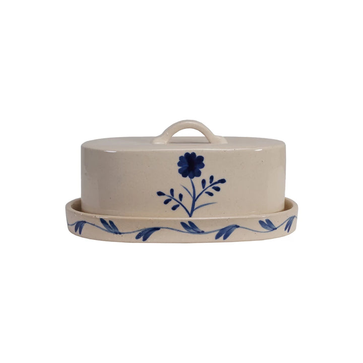 Hand-Painted Stoneware Butter Dish in Blue / Cream Floral
