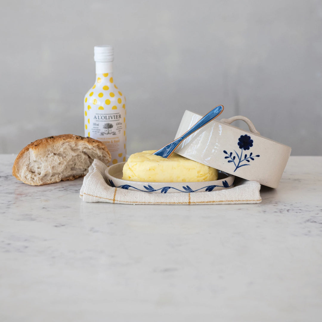 Hand-Painted Stoneware Butter Dish in Blue / Cream Floral