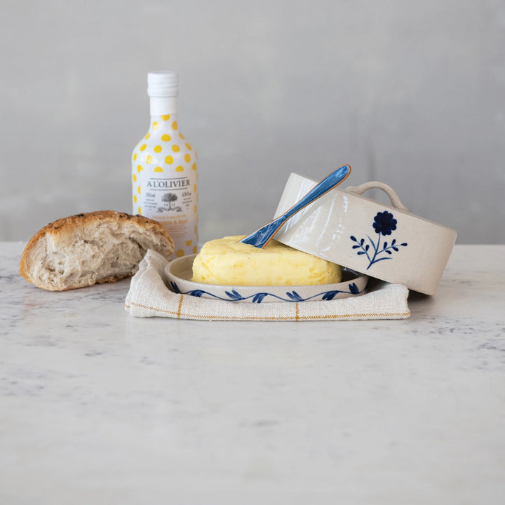 Hand-Painted Stoneware Butter Dish in Blue / Cream Floral