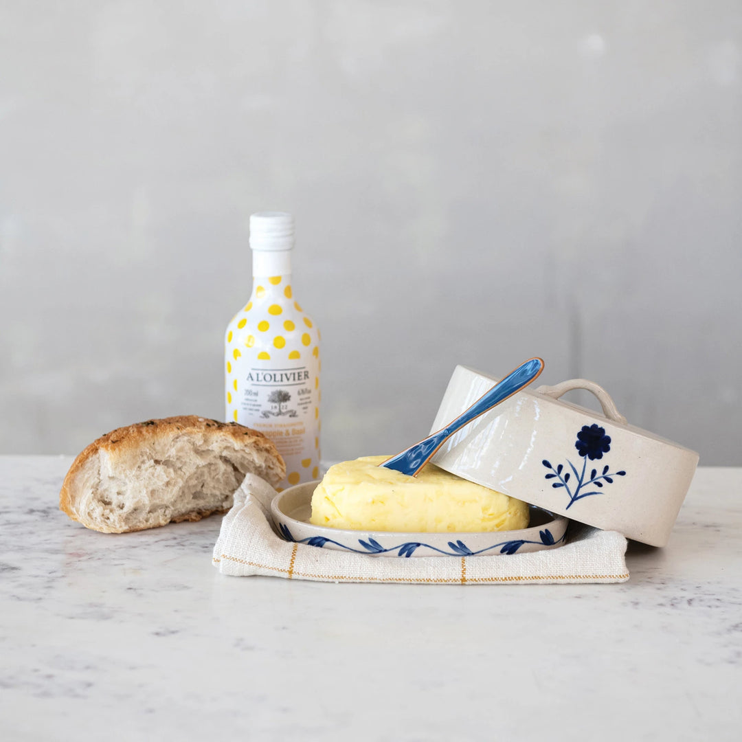 Hand-Painted Stoneware Butter Dish in Blue / Cream Floral