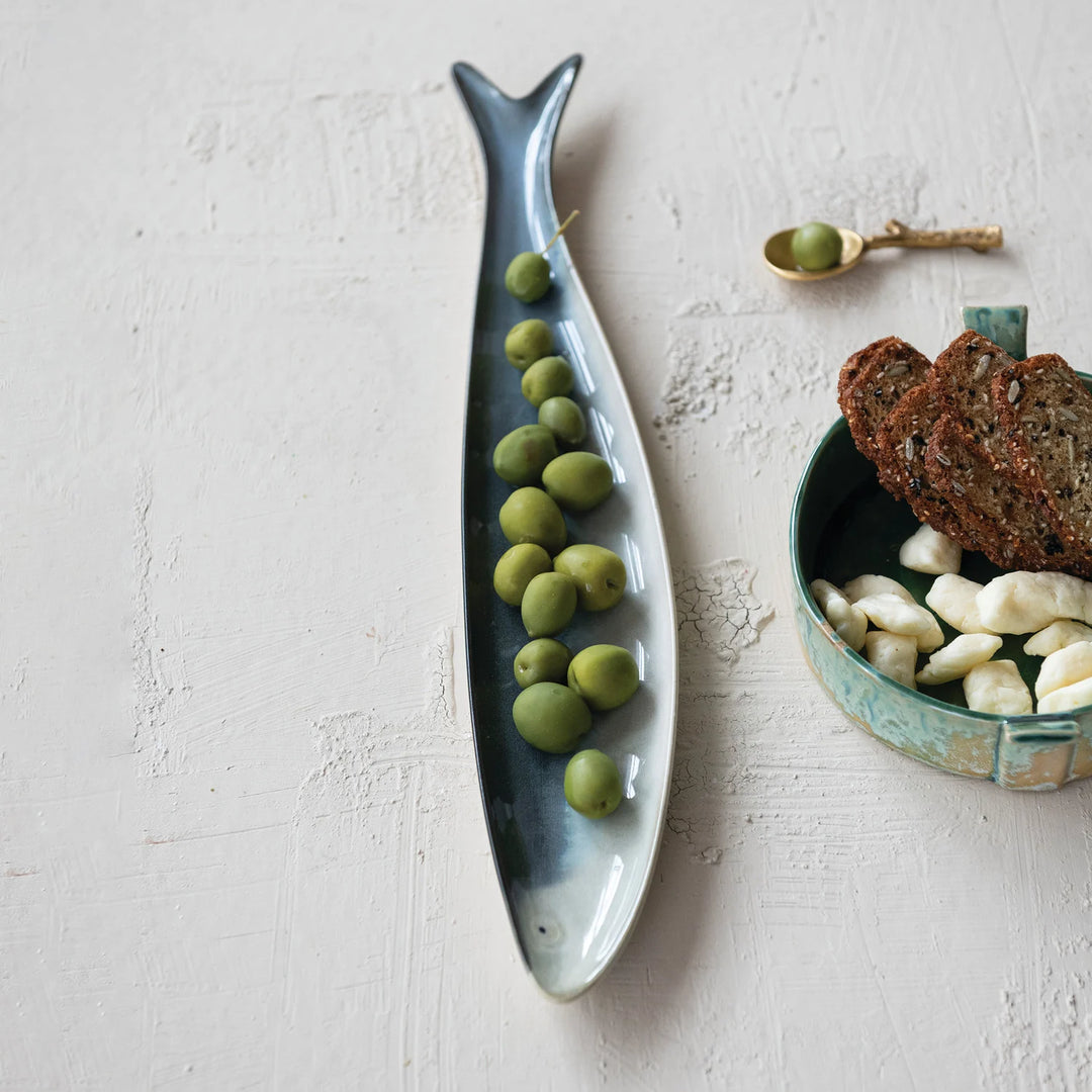 Stoneware Sardine Shaped Dish in Grey and White