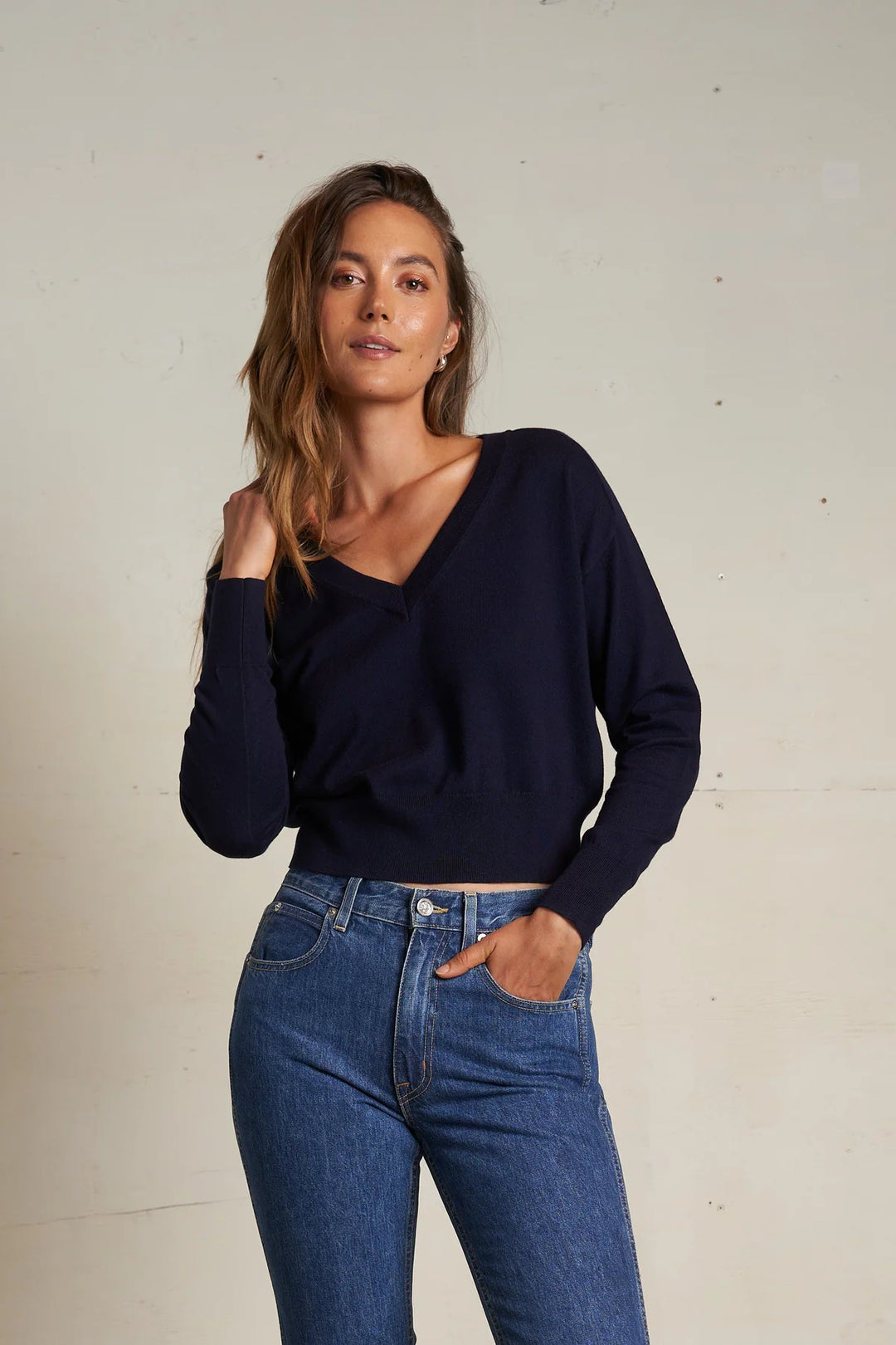Perfect White Tee - Cotton Cashmere V Neck Sweater in Navy