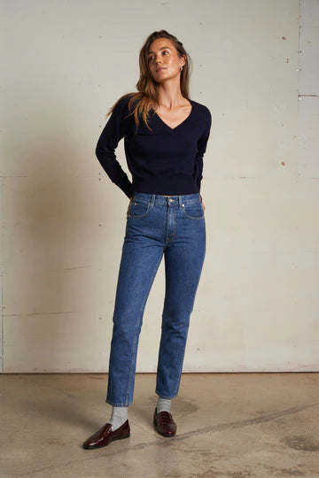 Perfect White Tee - Cotton Cashmere V Neck Sweater in Navy