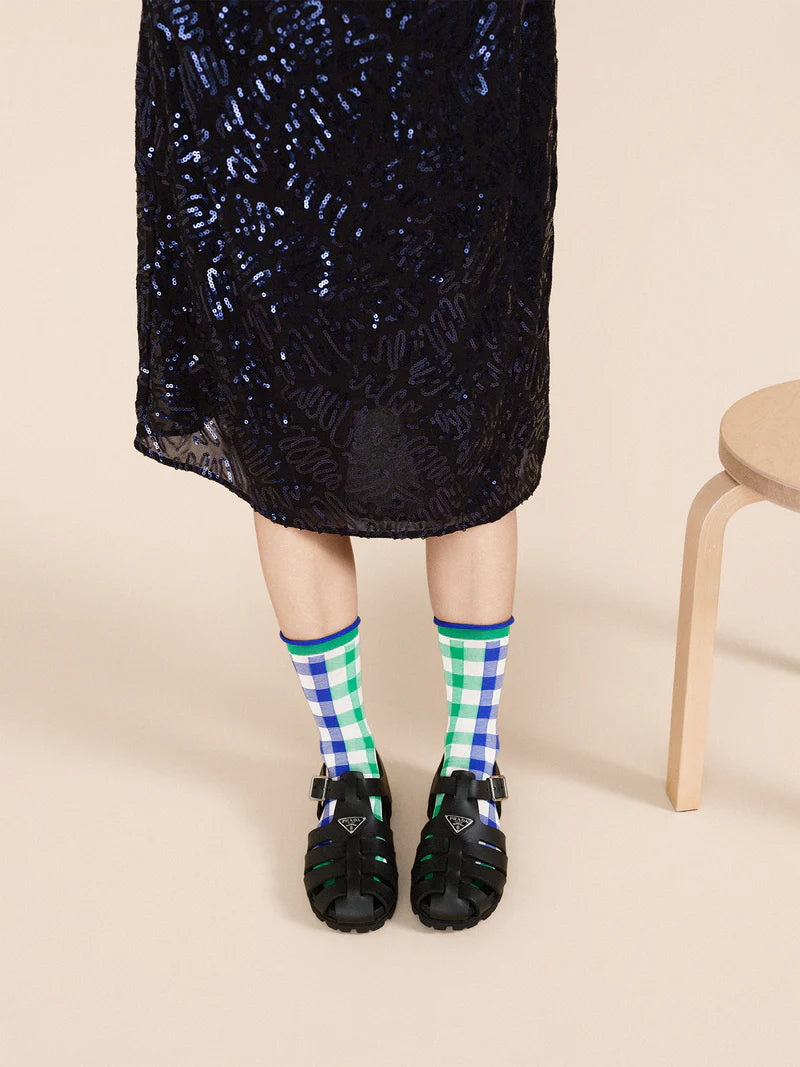 Hansel from Basel - Colorblock Gingham Crew in Green / Royal