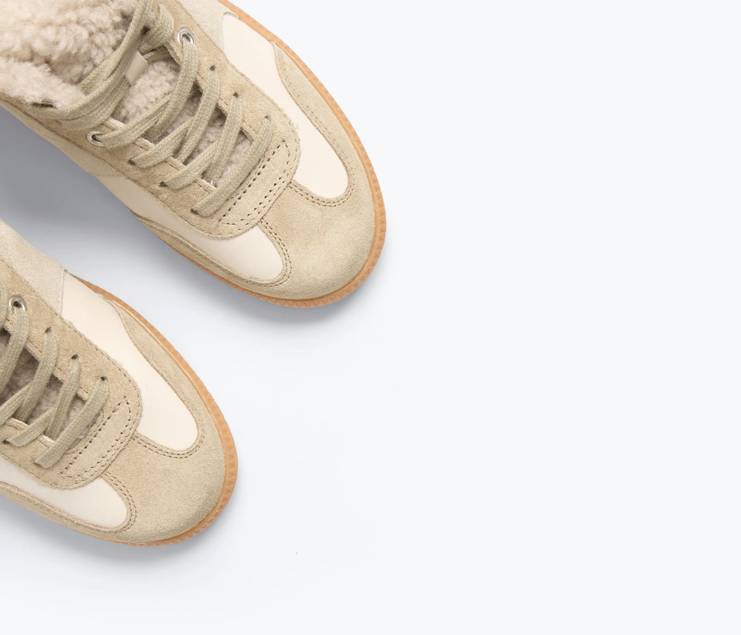 Freda Salvador – Jackie Court Sneaker in Stucco Suede with Shearling