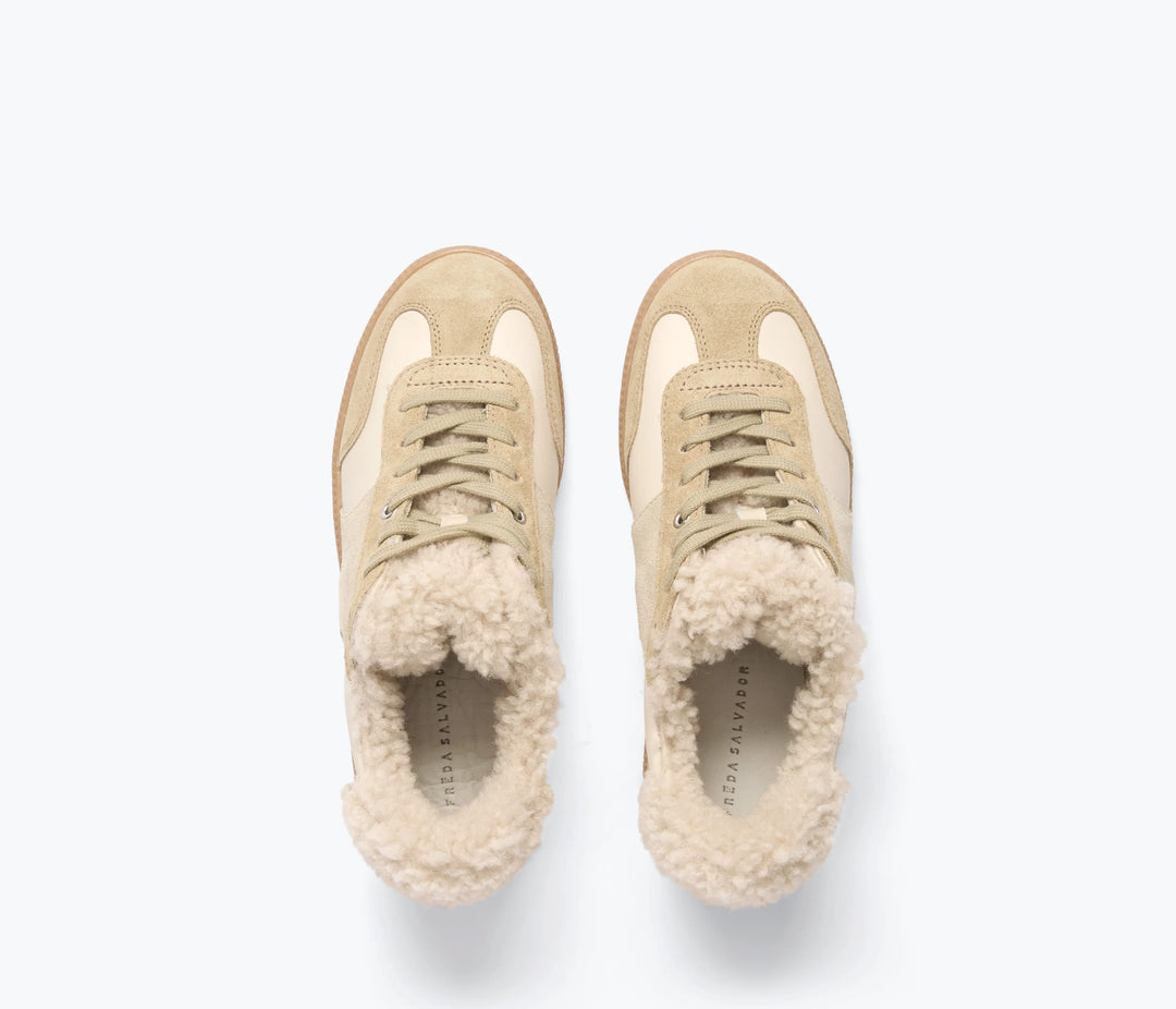 Freda Salvador – Jackie Court Sneaker in Stucco Suede with Shearling