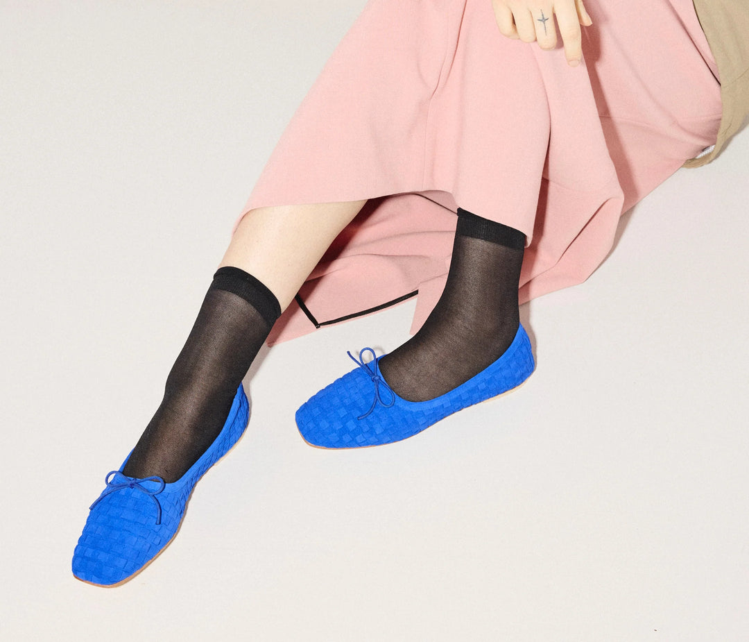 Freda Salvador – Jada Square-Toe Woven Flat in Cobalt Suede