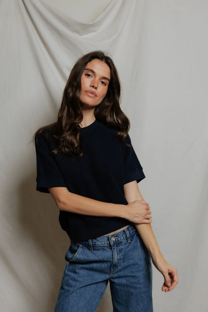 Perfect White Tee - Kennedy Short Sleeve Crew Neck Sweatshirt in Navy