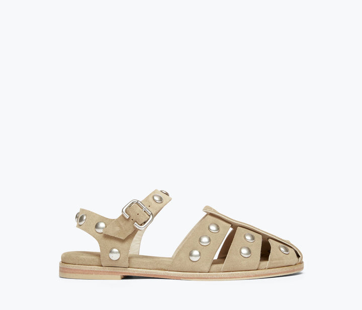 Freda Salvador – Sera Fisherman Sandal in Stucco Suede with Studs