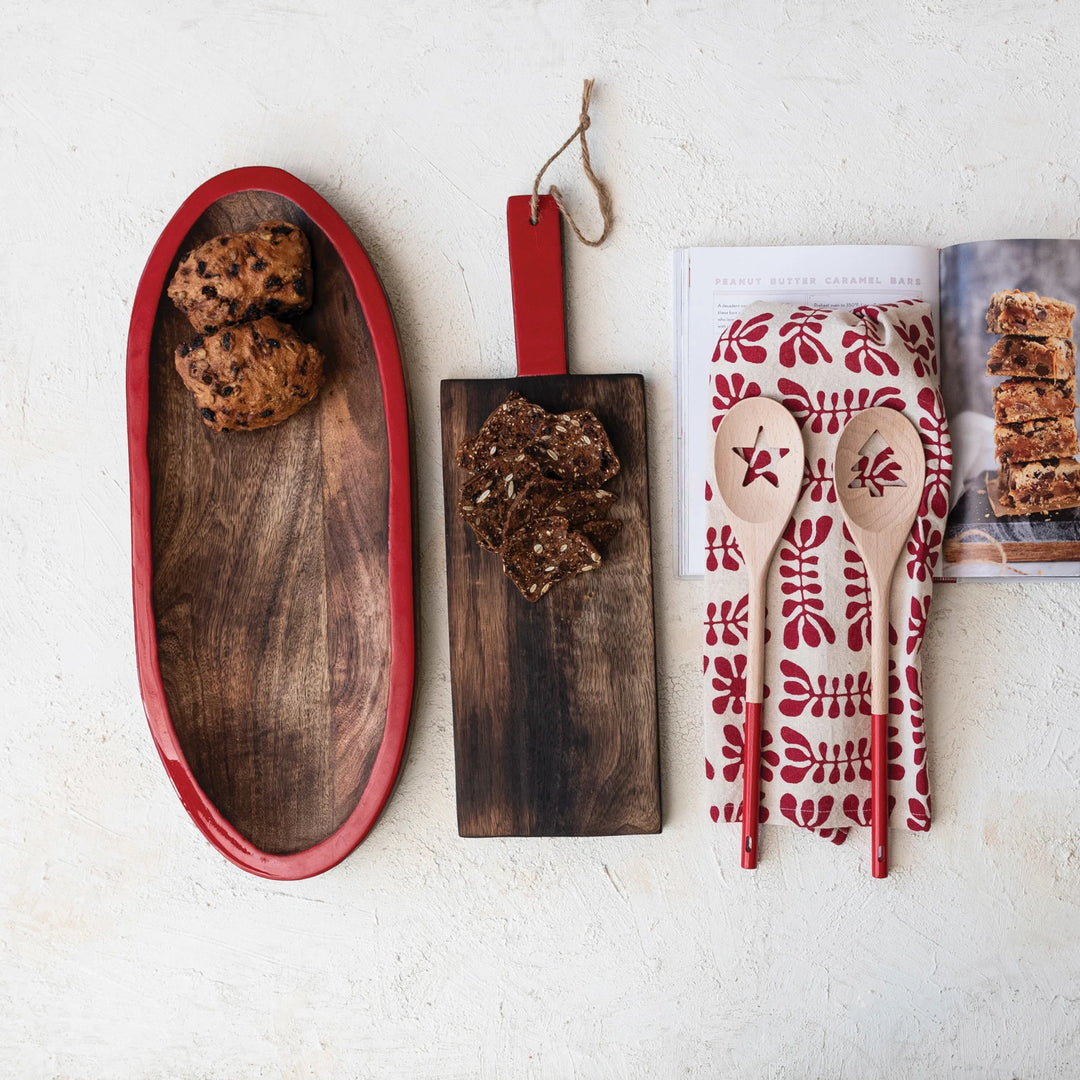 Hand-Carved Mango Wood Cutting Board with Enamel Handle and Jute Tie
